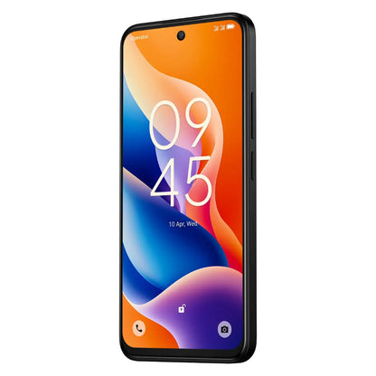 TCL 605 (2025) smartphone 256GB sort, frontvinkel, tynd kant, hul til kamera centreret foroven, skærm viser kl 09:45 d. 10/4.