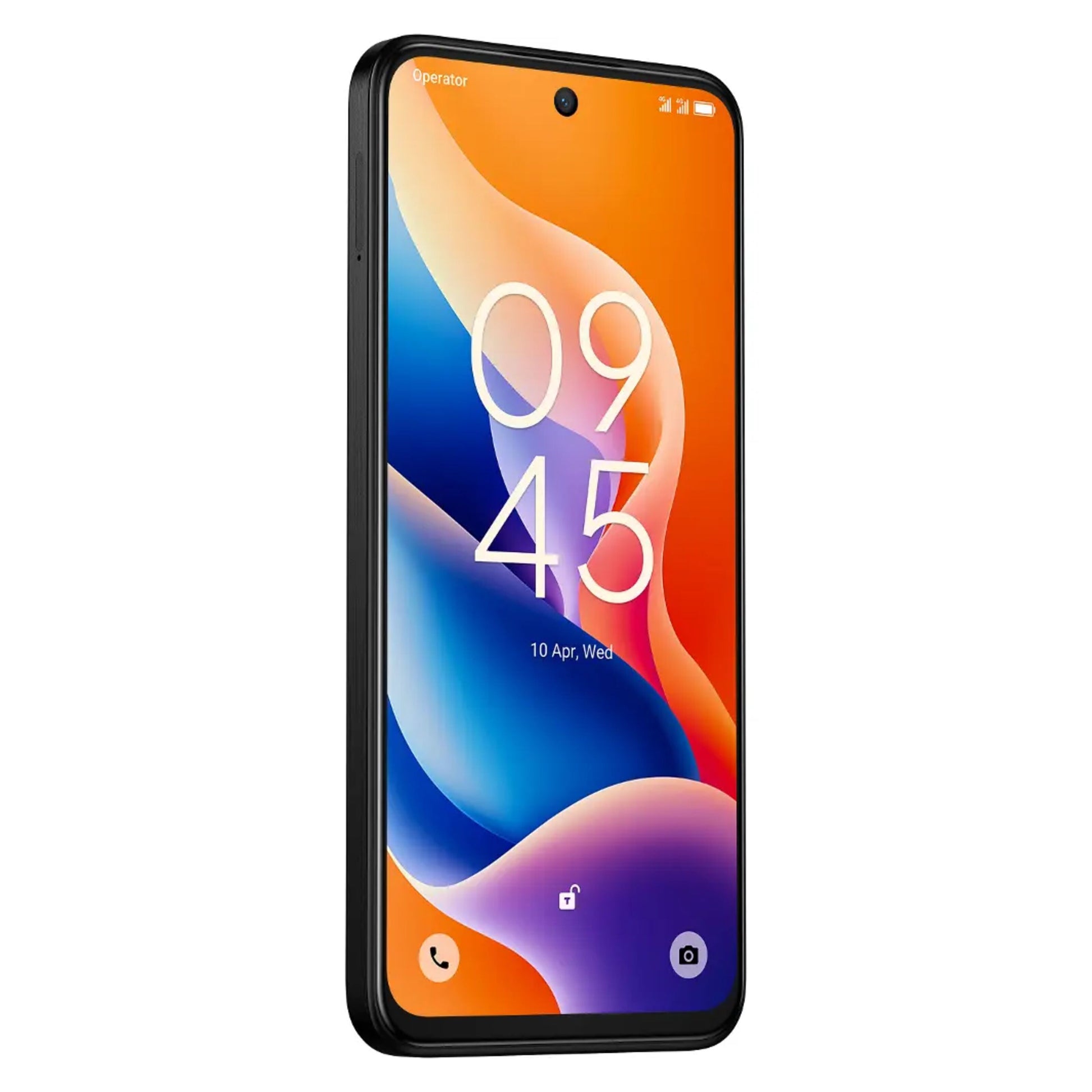 TCL 605 (2025) 256GB smartphone i sort med abstrakt skærmbaggrund, dato/tid og synligt 50 MP kamera.