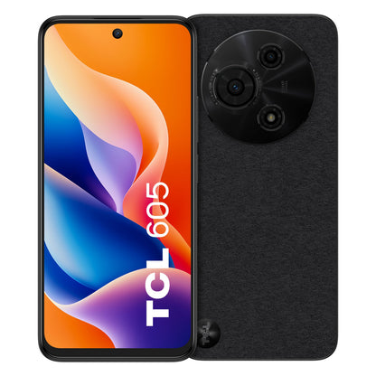 TCL 605 2025 smartphone, sort, front- og bagside, "TCL 605" på skærm, tekstureret bagside, tripelkamera 50MP, 256GB.