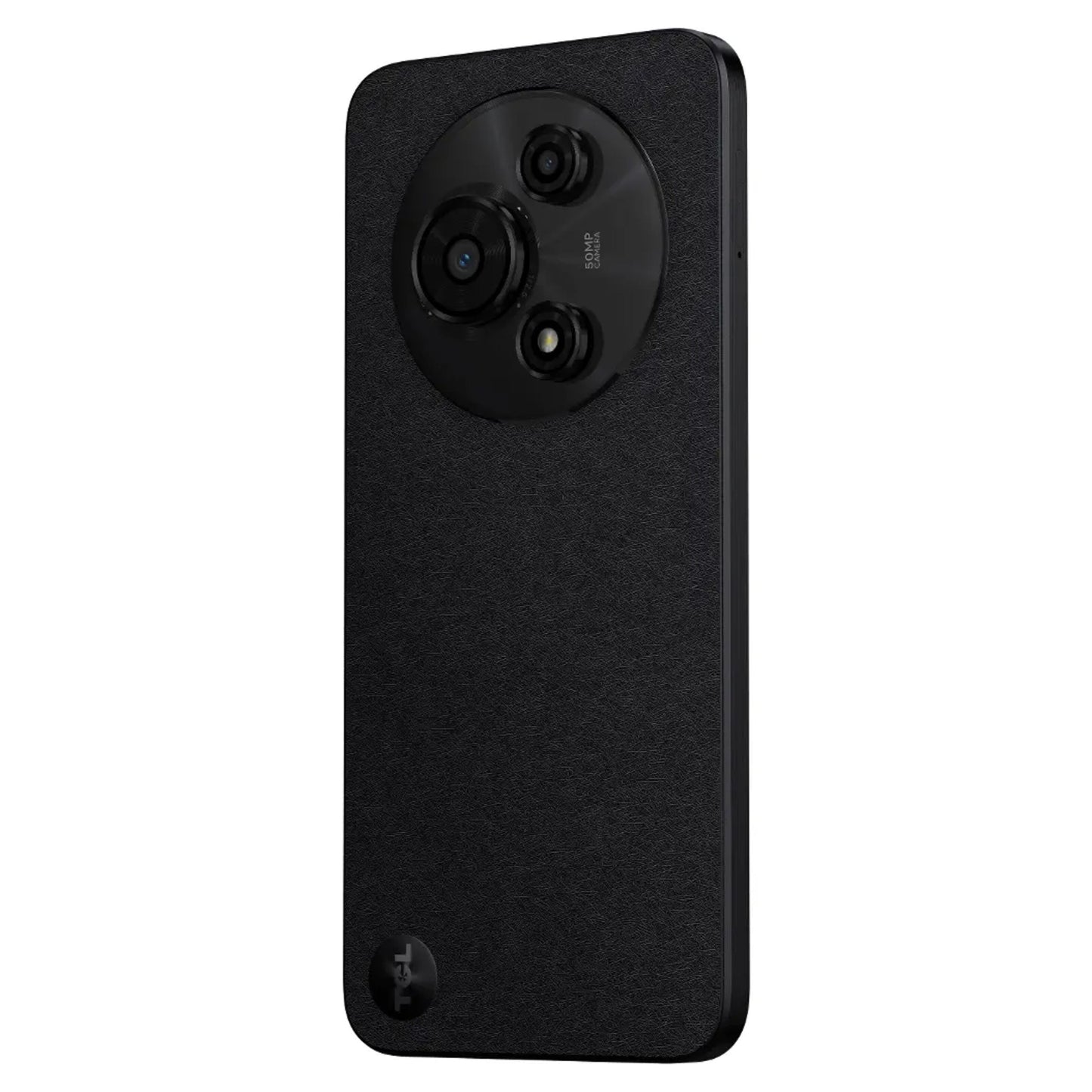 TCL 605 (2025) 256GB smartphone med sort tekstureret bagside og cirkulært kameramodul med flere linser, set bagfra.