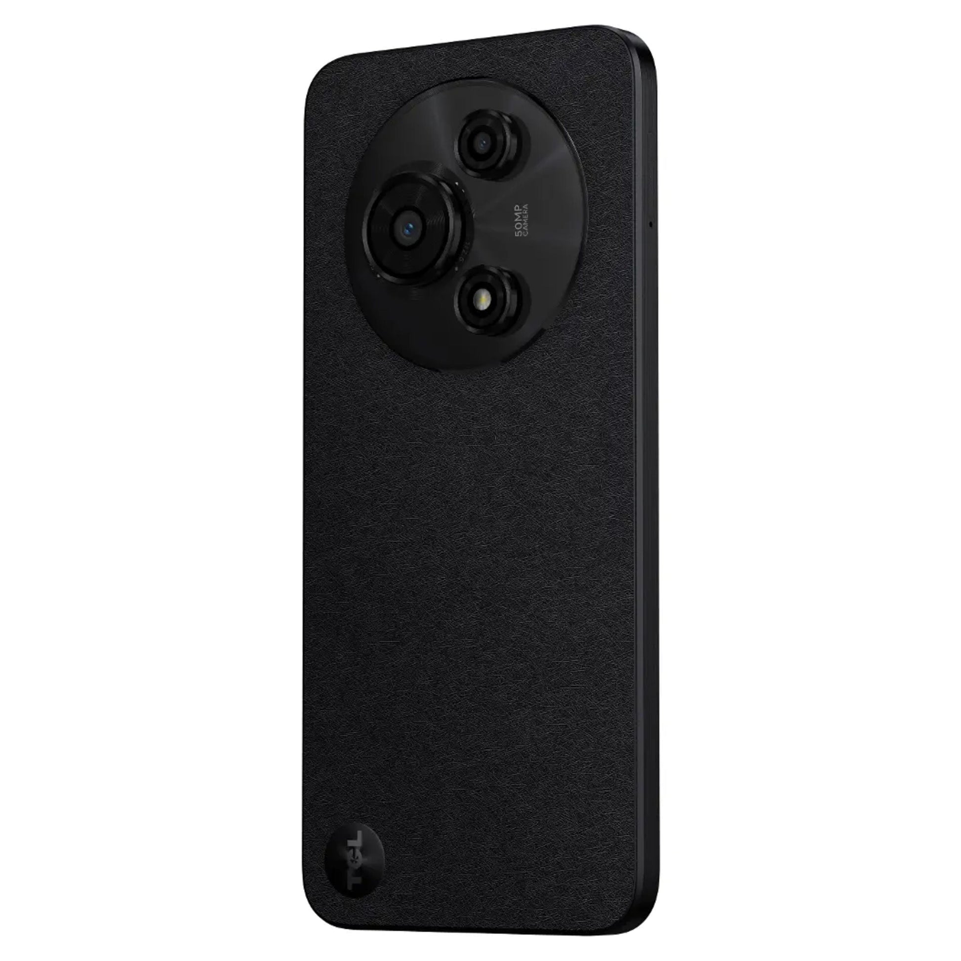 TCL 605 (2025) 256GB smartphone med sort tekstureret bagside og cirkulært kameramodul med flere linser, set bagfra.