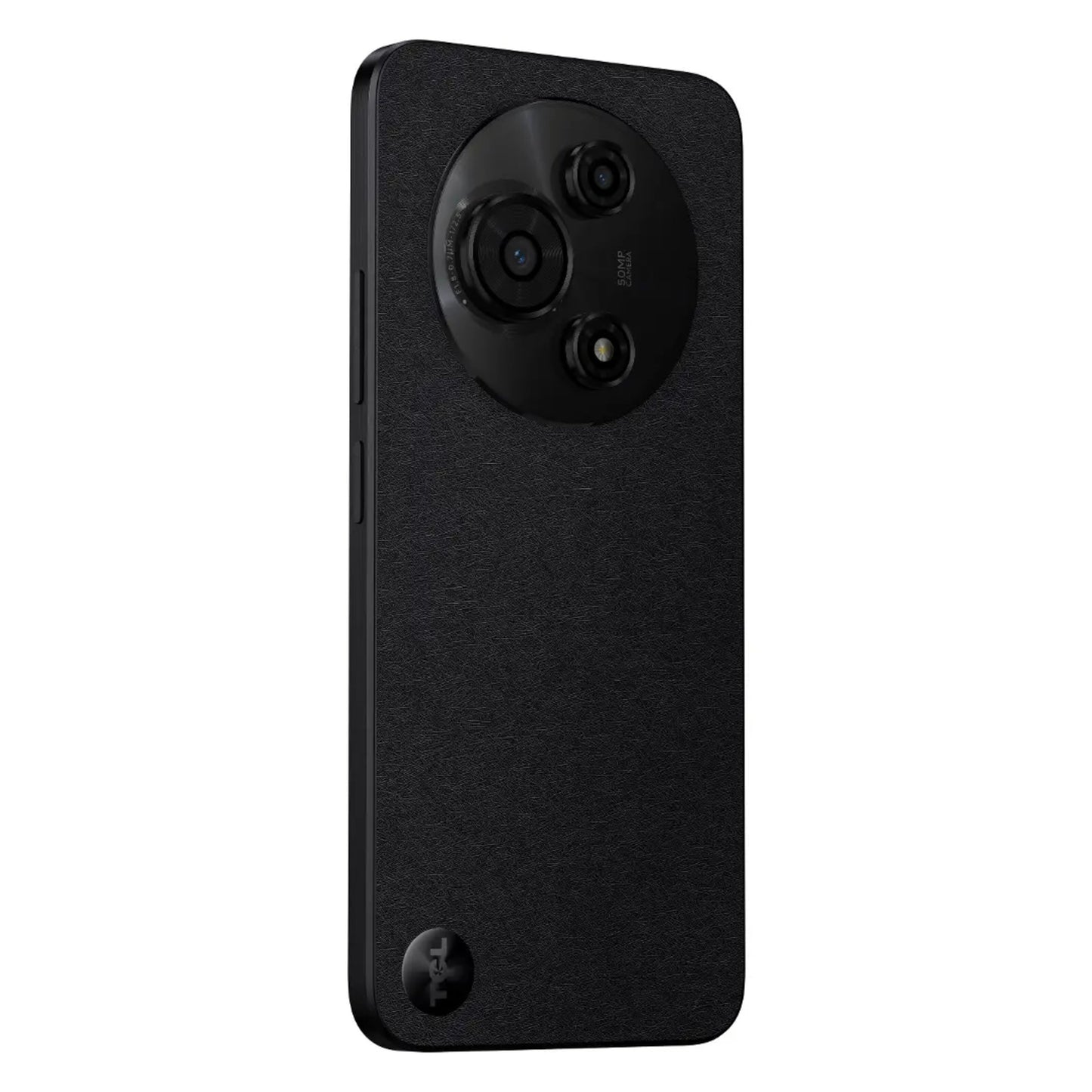 TCL 605 (2025) 256GB sort smartphone med 50MP kamera, tredobbelt cirkulært kameramodul og lille logo nederst til venstre.