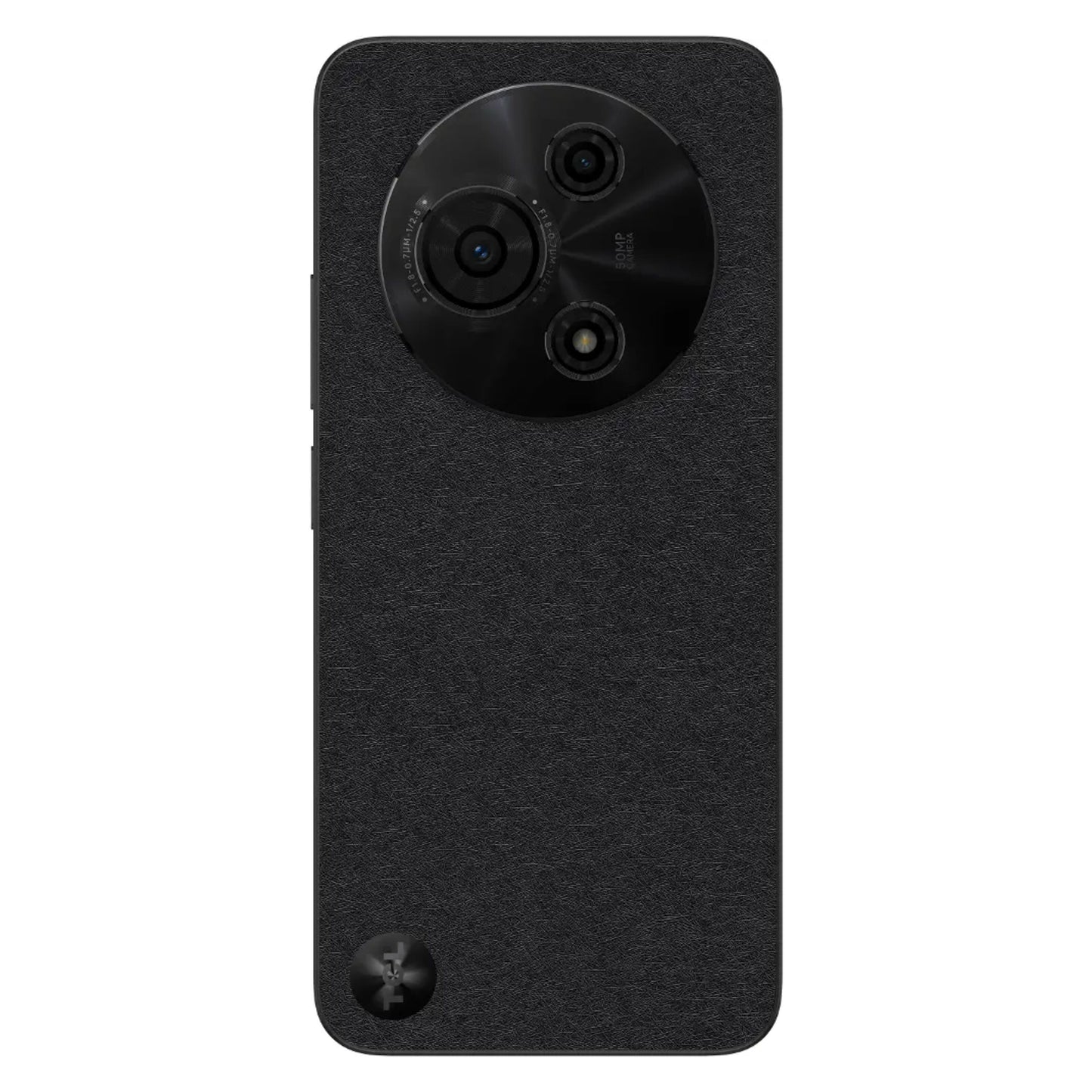 TCL 605 (2025) 256GB, sort med tekstureret bagside, stort rundt triple 50MP kamera og lille logo nederst til venstre.