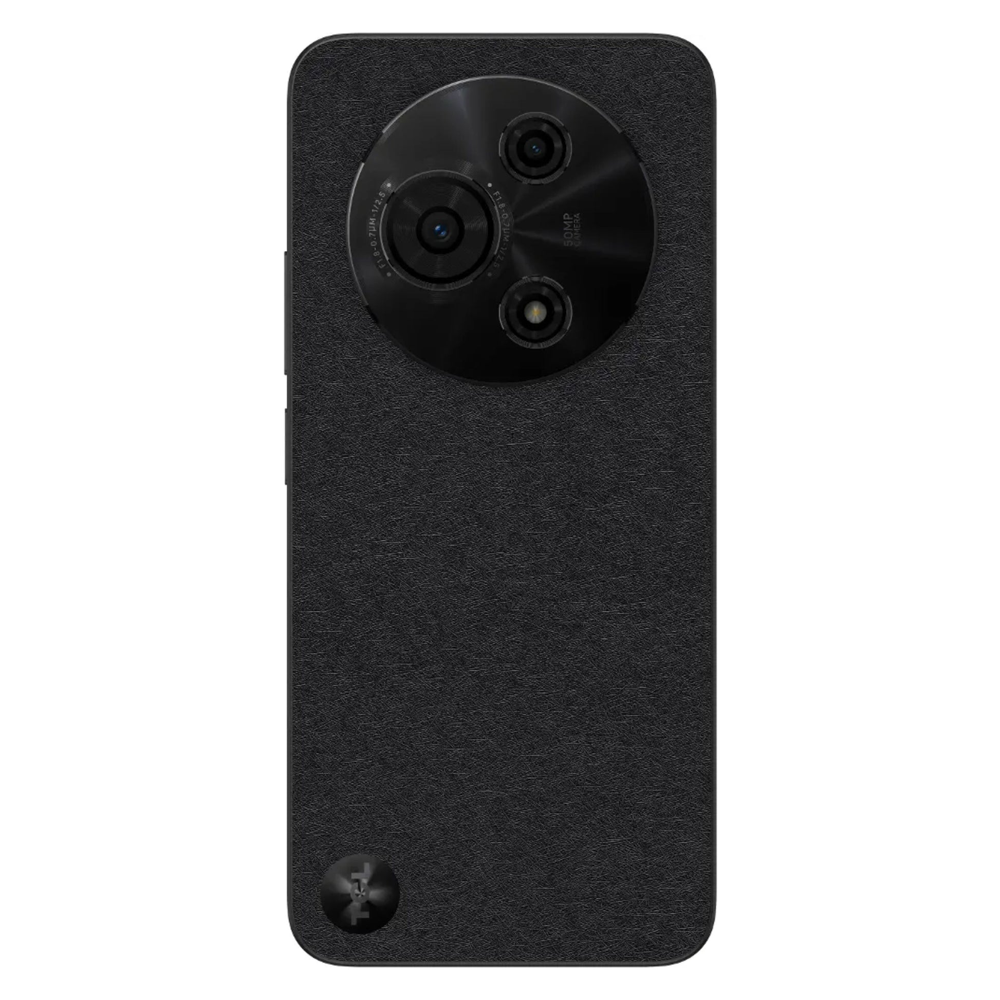 TCL 605 (2025) 256GB, sort med tekstureret bagside, stort rundt triple 50MP kamera og lille logo nederst til venstre.