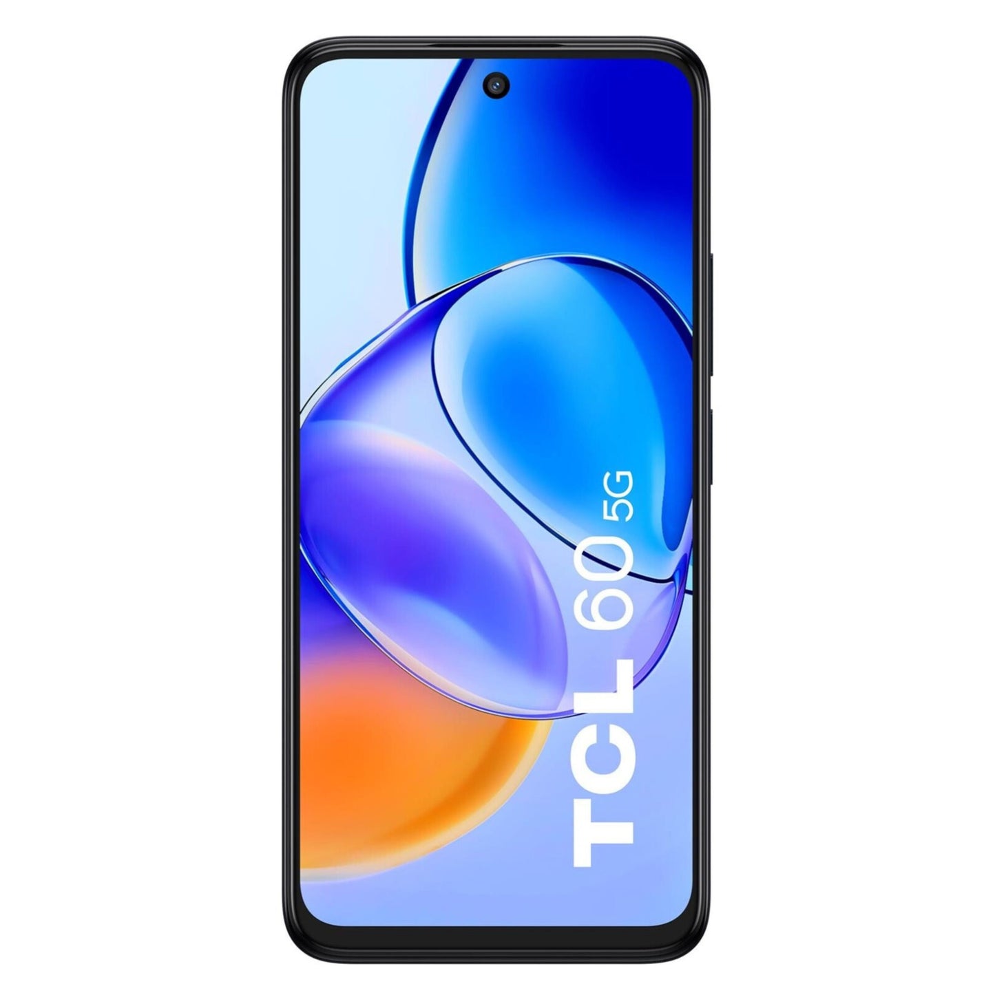 TCL 60 5G 2025 Space Gray, stor skærm med blå/orange former, centreret frontkamera, 50 MP kamera, 256 GB, modeltekst på siden.