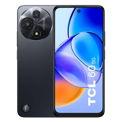 TCL 60 5G 2025 Space Gray med stor skærm, rund kameramodul 50 MP, TCL-logo og 256 GB lagring.