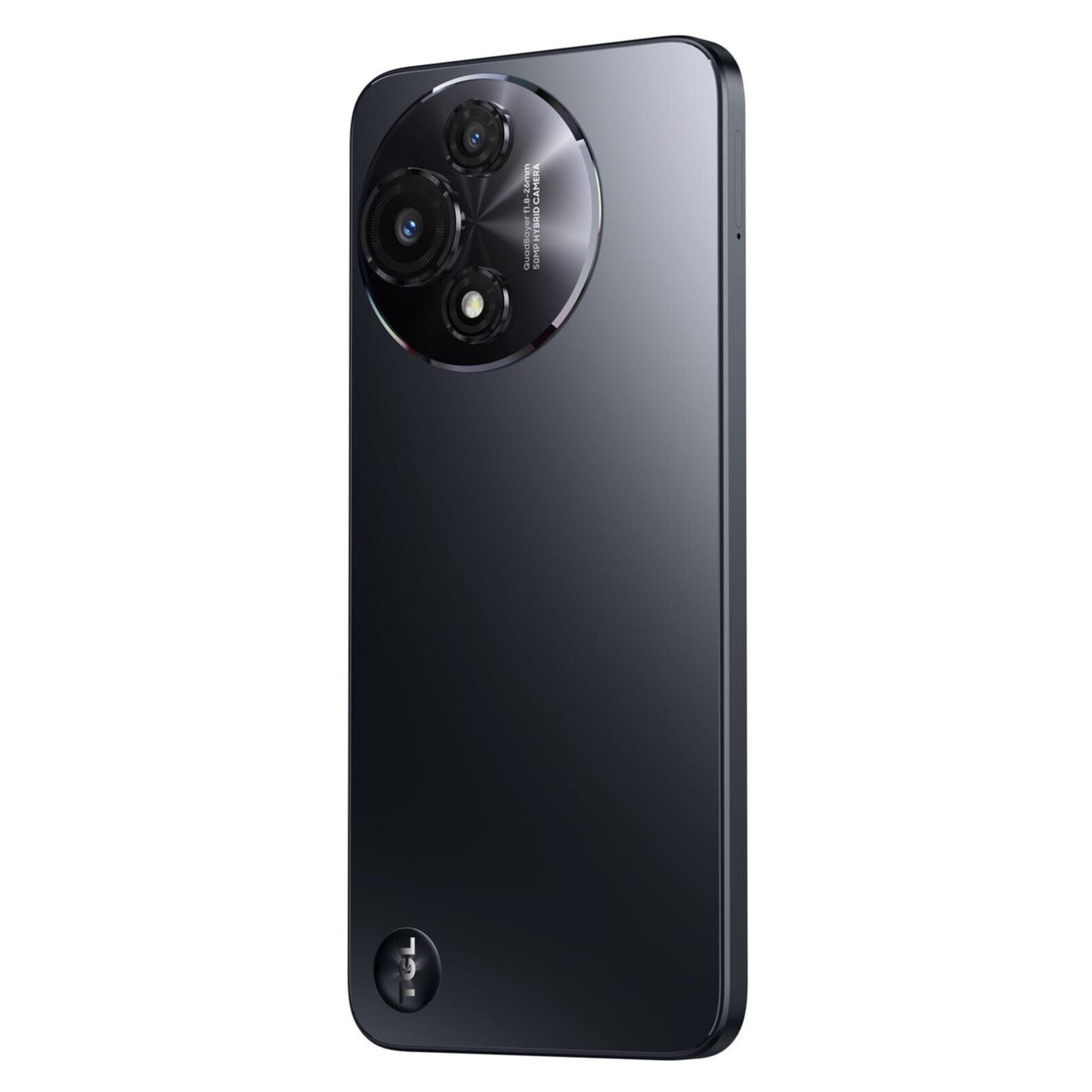 TCL 60 5G 2025 Space Gray med stort rundt triple 50 MP kamera, lille TCL logo bagpå, blank finish, 256GB lagring.