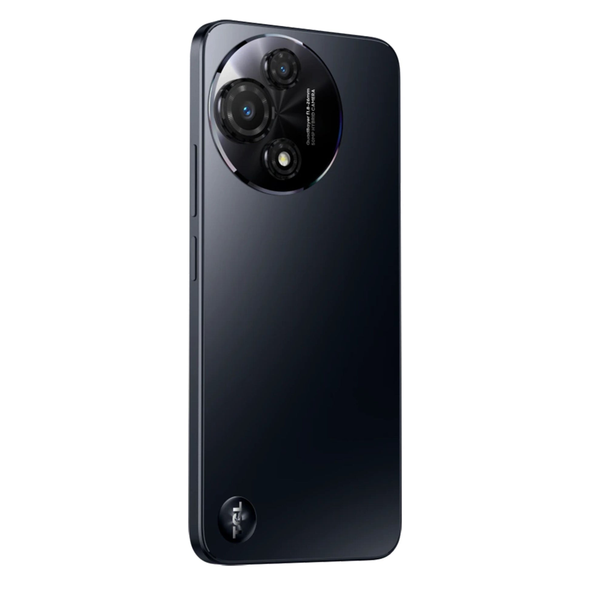 TCL 60 5G 2025 Space Gray, blank bagside, triple kamera med 50 MP hovedlinse og flash, TCL logo, 256 GB lager.
