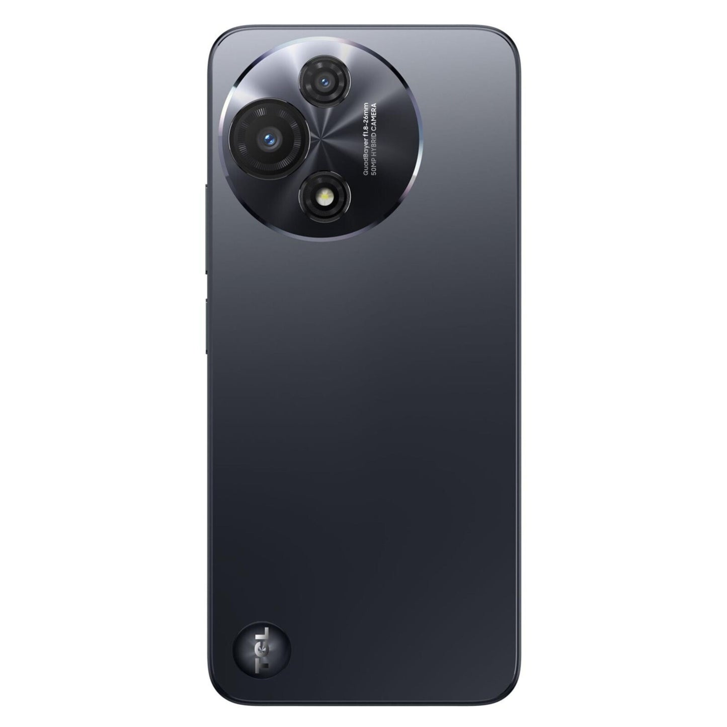 TCL 60 5G 2025 Space Gray med stor cirkulær 50 MP triple-kamera bagpå, lille TCL-logo og 256 GB lagring.