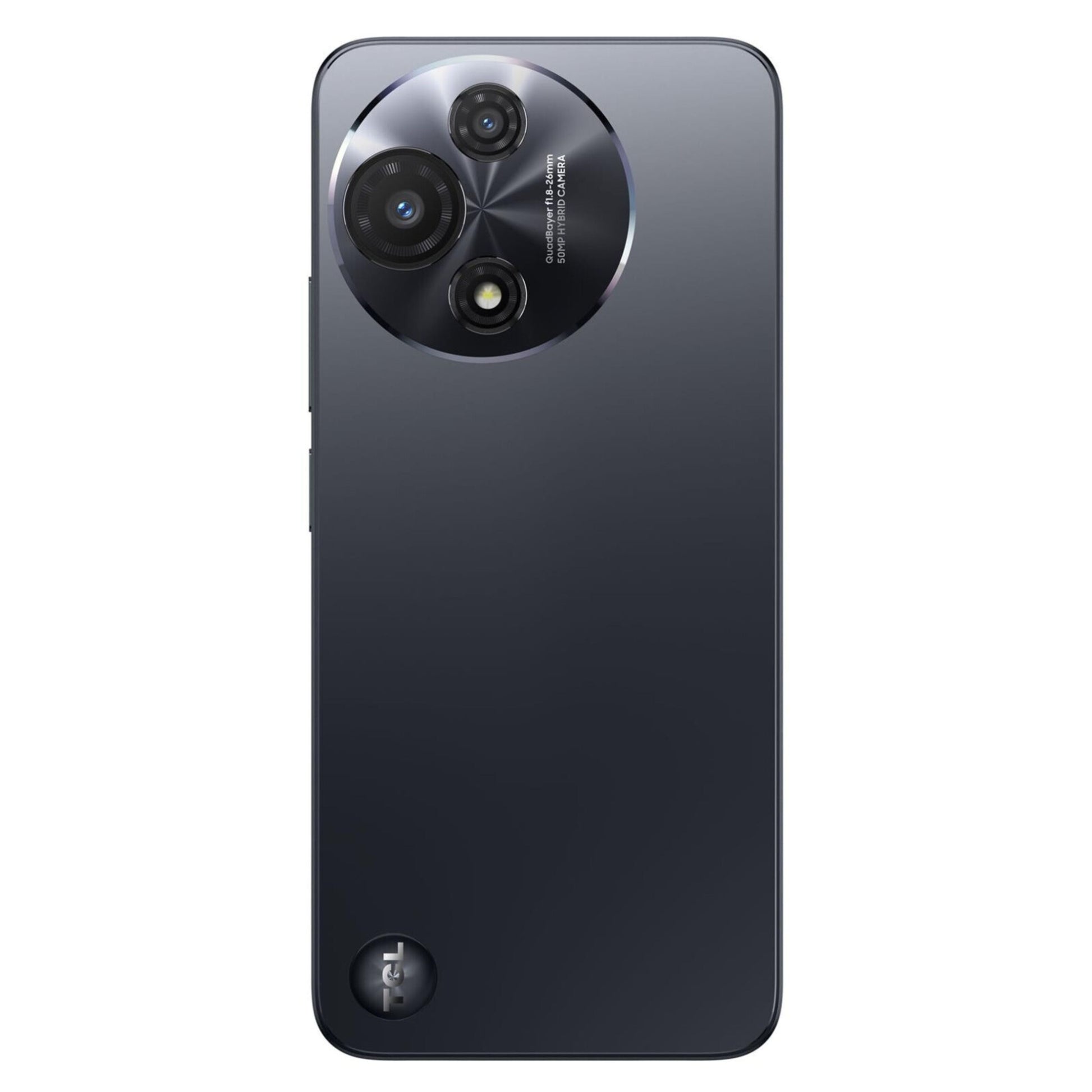 TCL 60 5G 2025 Space Gray med stor cirkulær 50 MP triple-kamera bagpå, lille TCL-logo og 256 GB lagring.