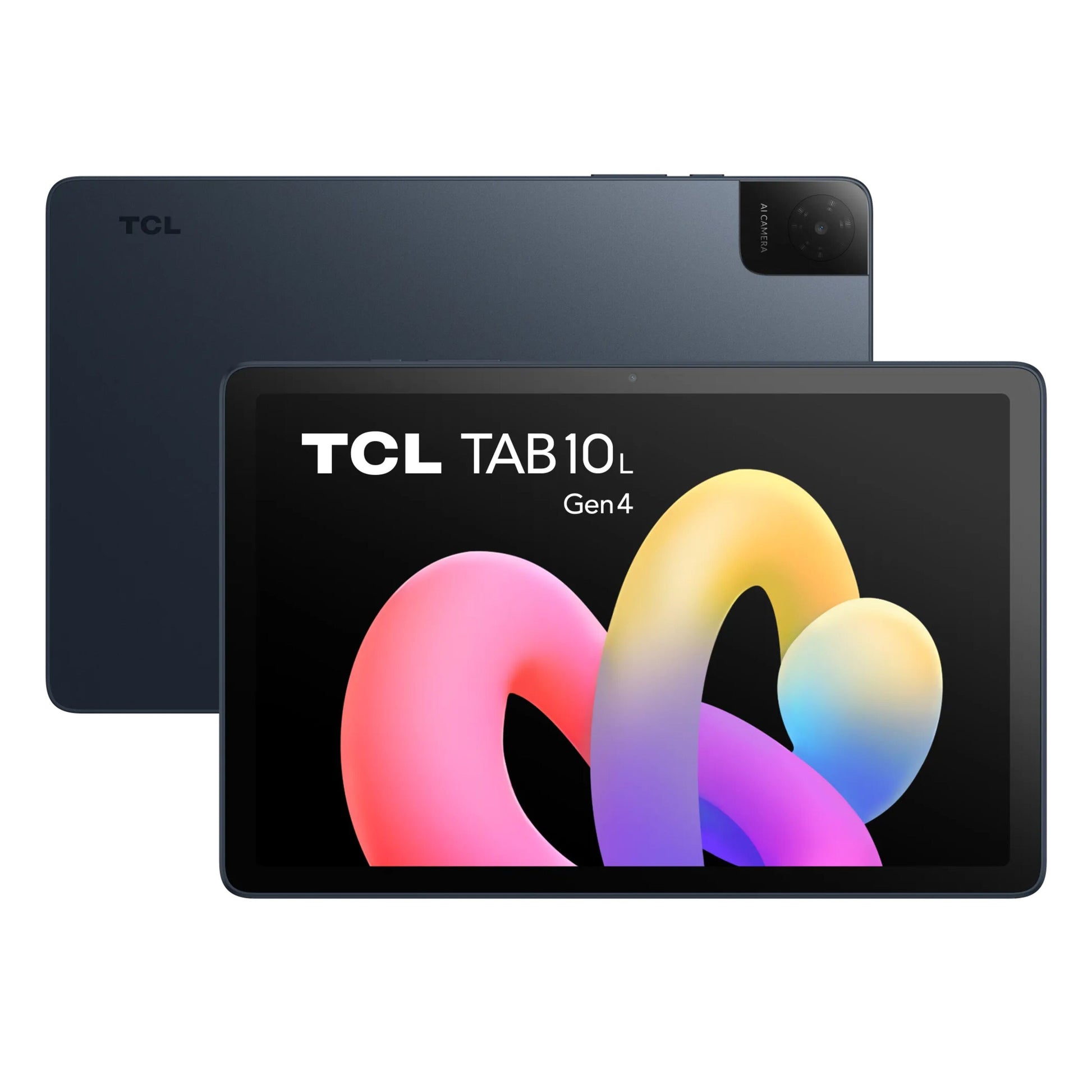 TCL TAB 10L 4. gen wifi Android-tablet, 128GB, 10.1" IPS-skærm, front og bagside, bagkamera hjørne, TCL logo bagside.