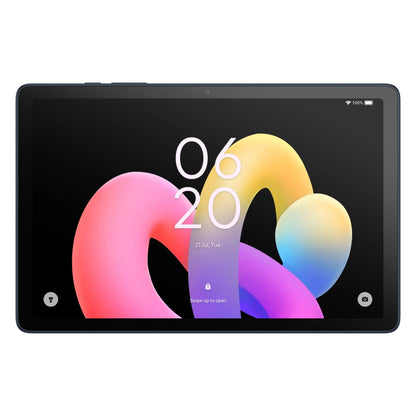TCL TAB 10L 4. generation tablet sort, 128GB, wifi, 10,1" IPS-skærm med abstrakt pink/gul/blå baggrund, ur og ikoner.