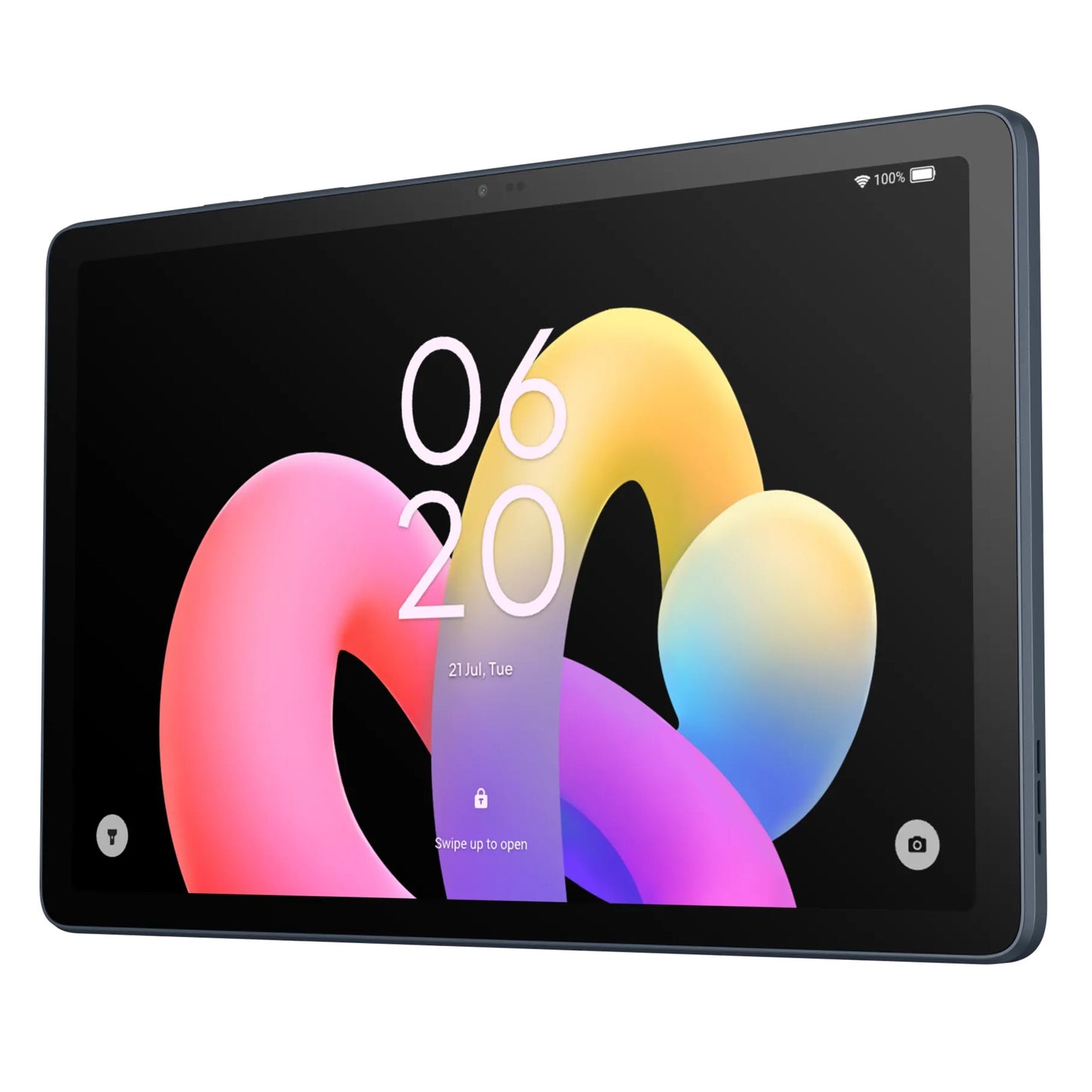 TCL TAB 10L 4. generation wifi tablet sort, 128GB, viser abstrakt baggrund samt låseskærm med tid 06:20 og dato 21. juli.