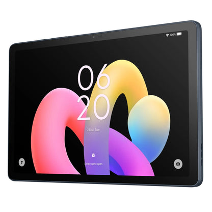 TCL TAB 10L 4. generation wifi tablet sort, 128GB, viser abstrakt baggrund samt låseskærm med tid 06:20 og dato 21. juli.