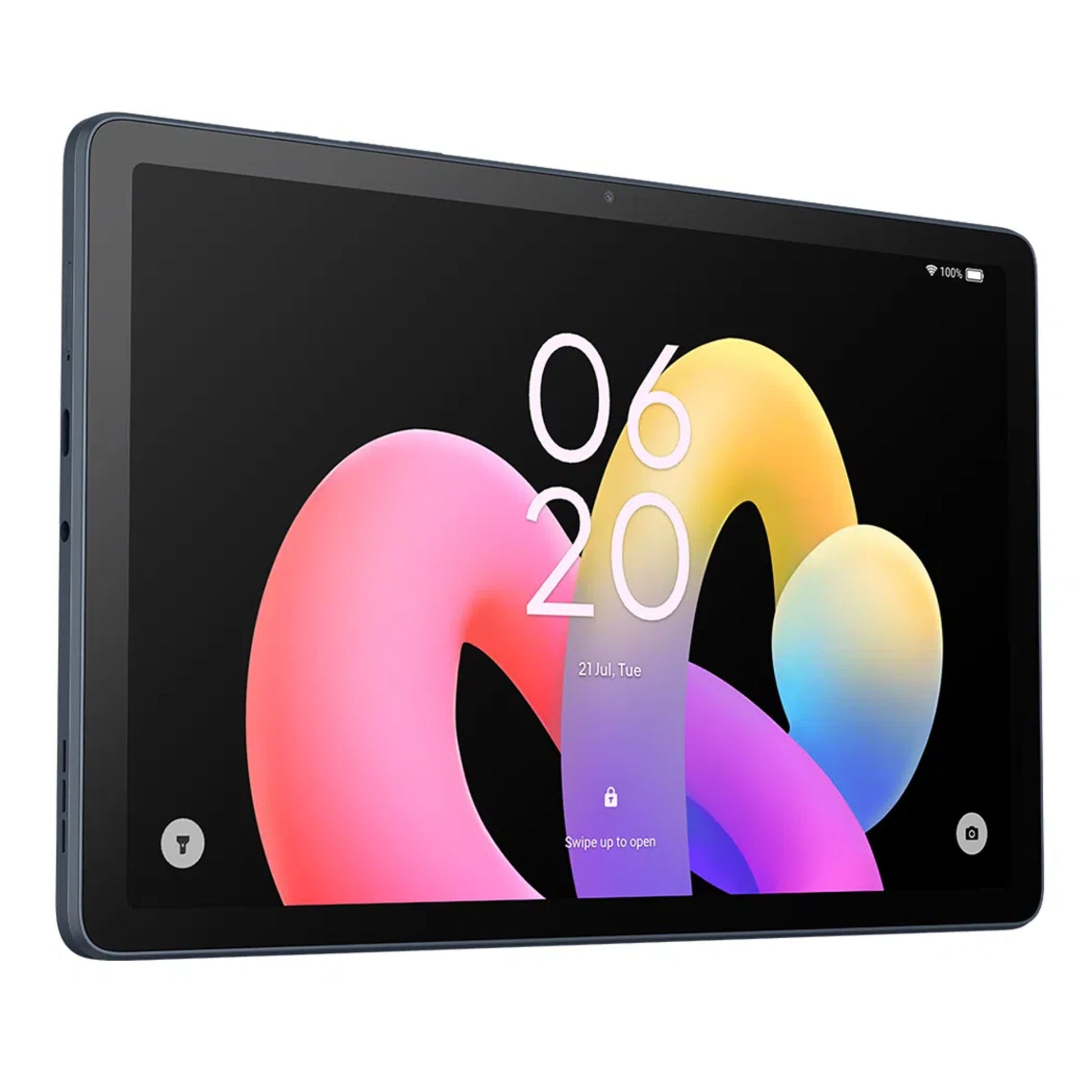 TCL TAB 10L 4. gen wifi 128GB Android tablet, sort ramme, abstrakt farverig baggrund, låseskærm med klokken 06:20.