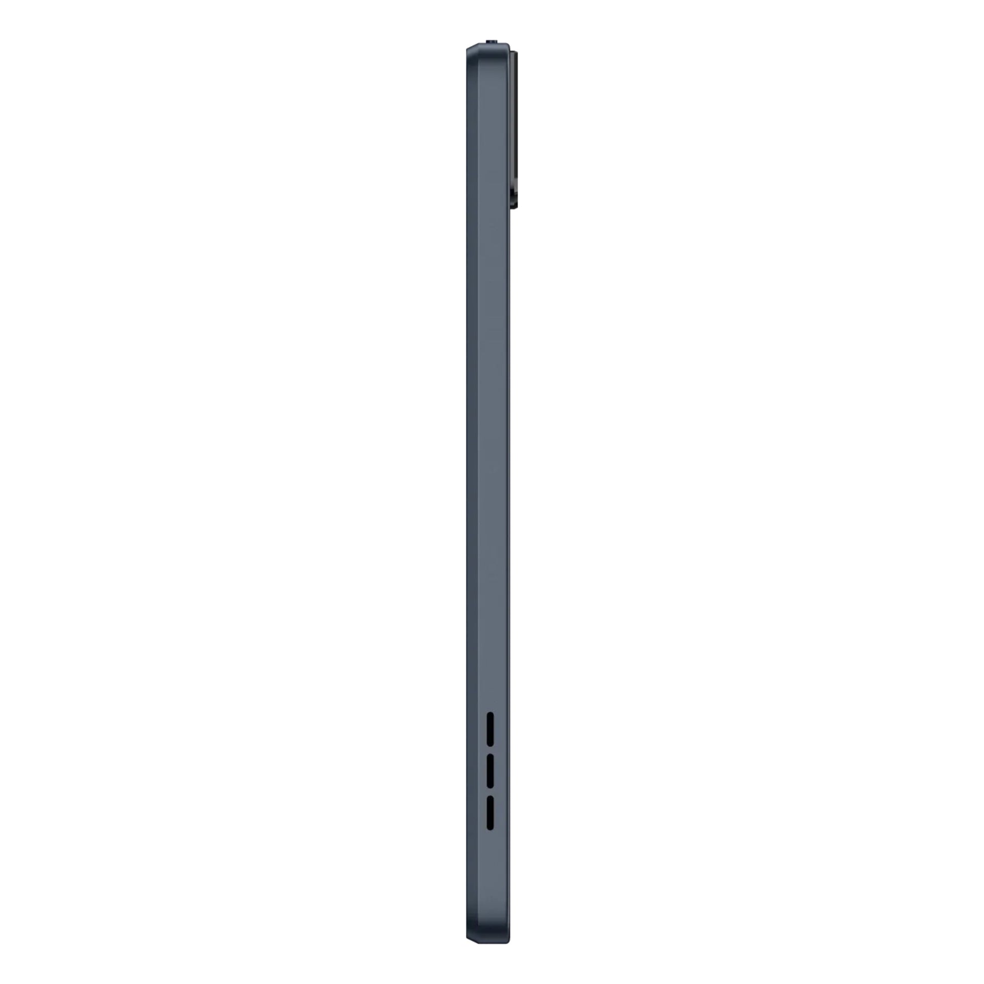 TCL TAB 10L 4. gen wifi 128GB, mørk Android-tablet, sidesæt, 10,1" IPS-skærm, kameralinse øverst, højtalerhuller nederst.