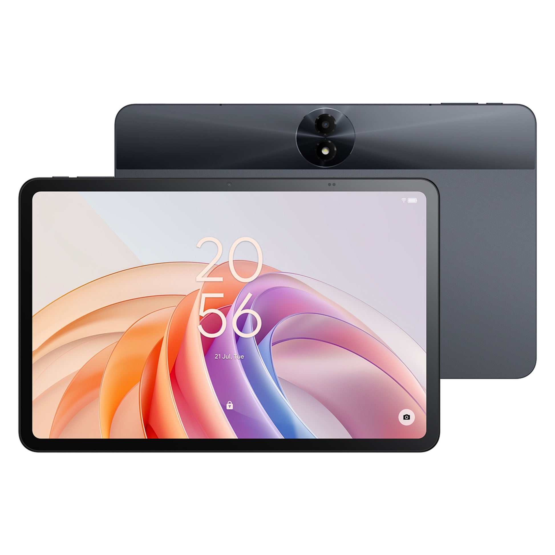 TCL TAB 11 FE wifi-tablet 128 GB set forfra og bagpå, mørkegrå med centreret kamera og abstrakt tapet på skærmen.
