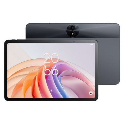 TCL TAB 11 FE wifi-tablet 128 GB set forfra og bagpå, mørkegrå med centreret kamera og abstrakt tapet på skærmen.