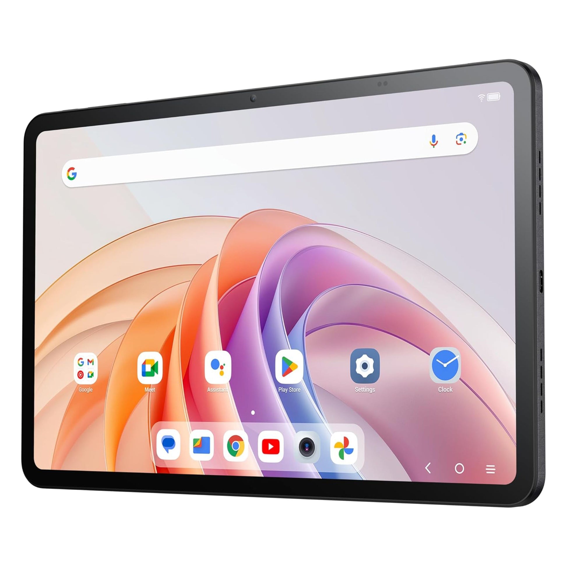 TCL TAB 11 FE wifi-tablet 128 GB mørkegrå med 11" skærm, farverigt swirl-baggrund, Google og app-ikoner.