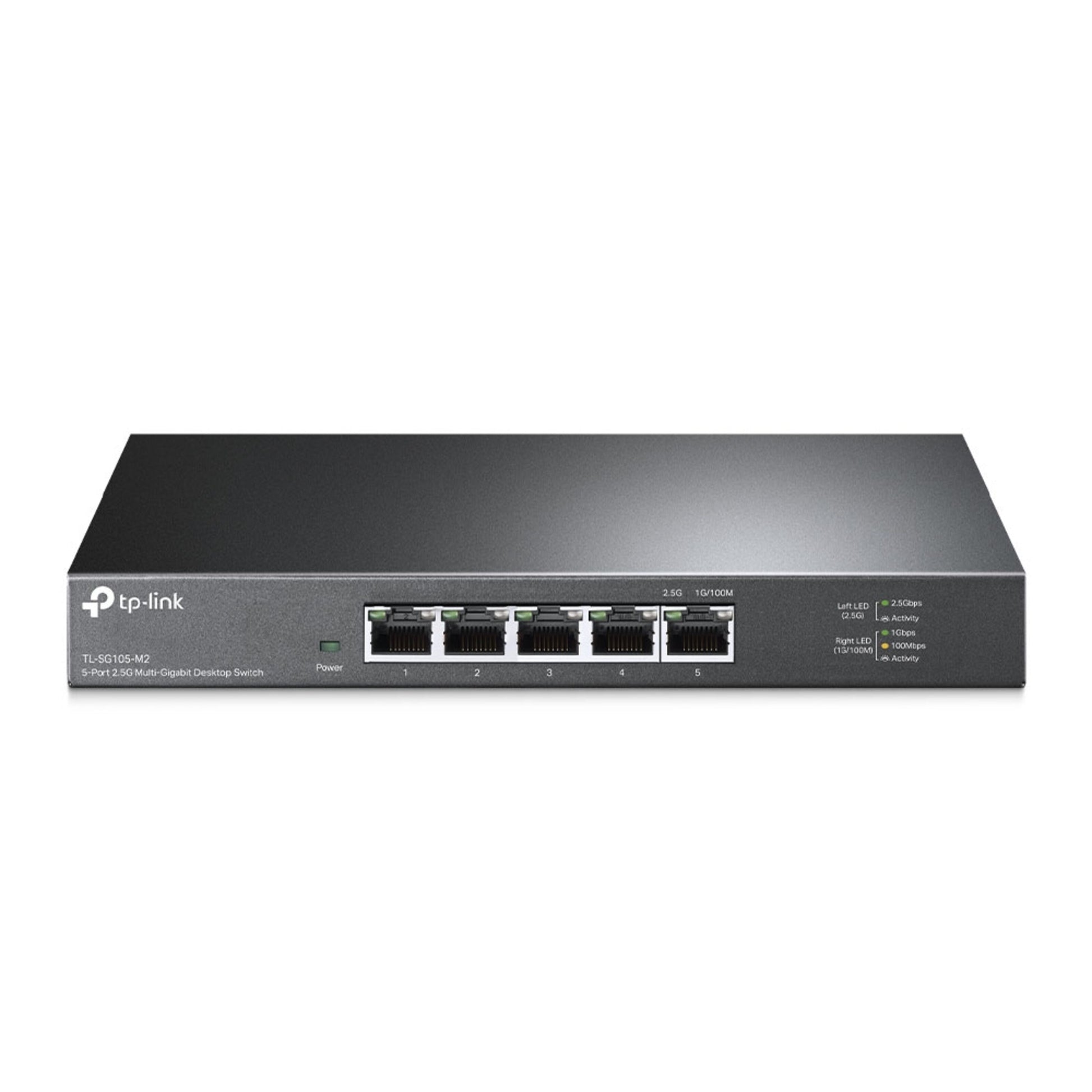TP-Link TL-SG105-M2 sort 5-port 2.5 gigabit switch, Ethernet-porte, LED-indikatorer, TP-Link logo venstre front.