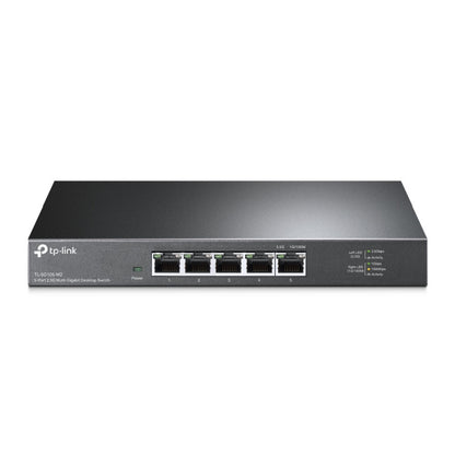 TP-Link TL-SG105-M2 sort 5-port 2.5 gigabit switch, Ethernet-porte, LED-indikatorer, TP-Link logo venstre front.