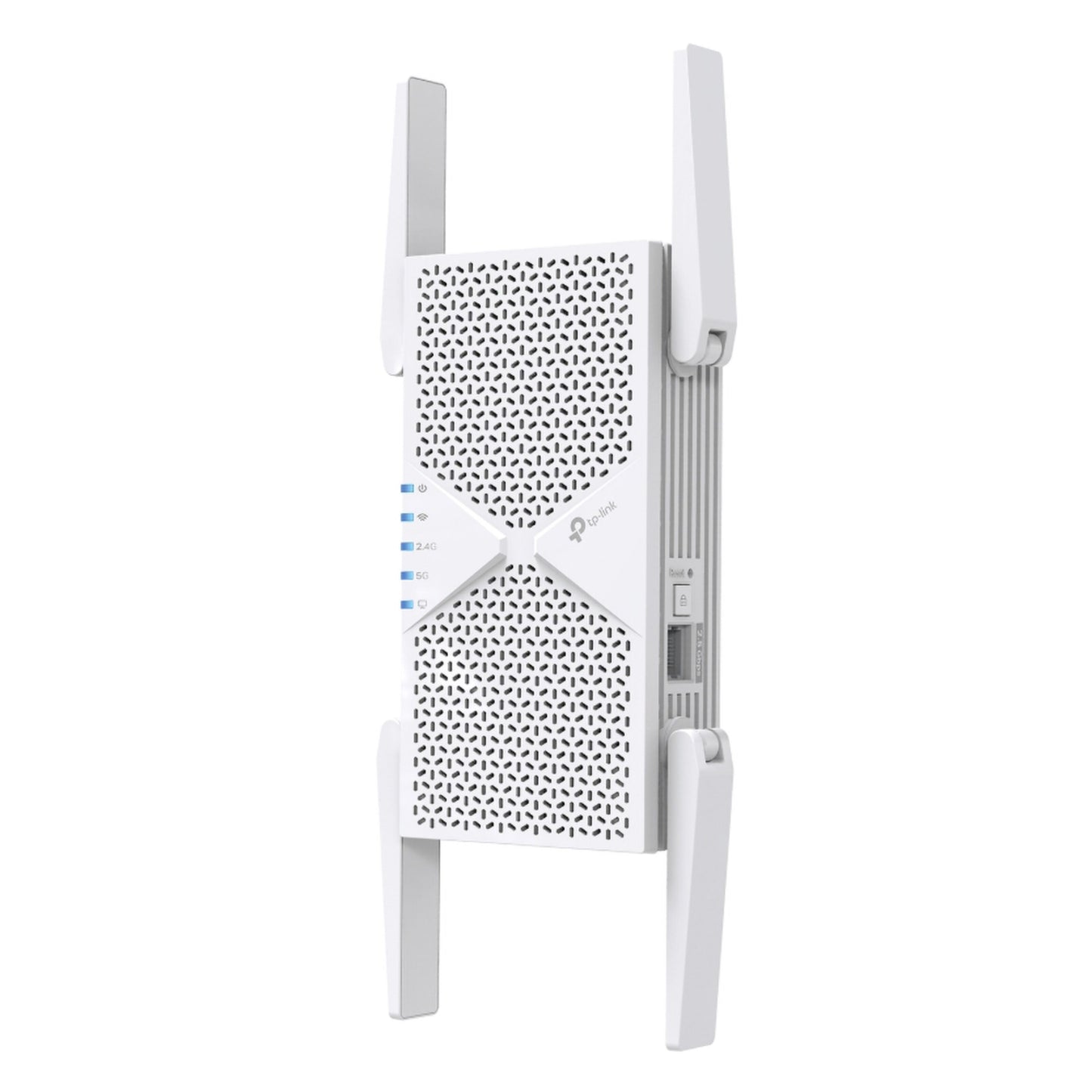 TP-Link RE405BE BE6500 Wi-Fi 7-repeater i hvid med fire antenner, indikatorlys, sideknap og 5 Gbps Ethernet-port.