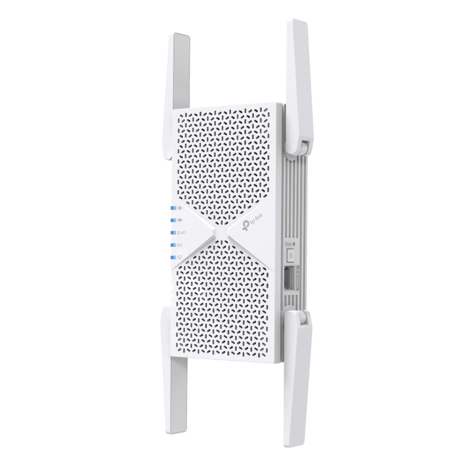 TP-Link RE405BE BE6500 Wi-Fi 7-repeater i hvid med fire antenner, indikatorlys, sideknap og 5 Gbps Ethernet-port.