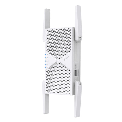 TP-Link RE405BE BE6500 Wi-Fi 7-repeater i hvid med fire antenner, indikatorlys, sideknap og 5 Gbps Ethernet-port.