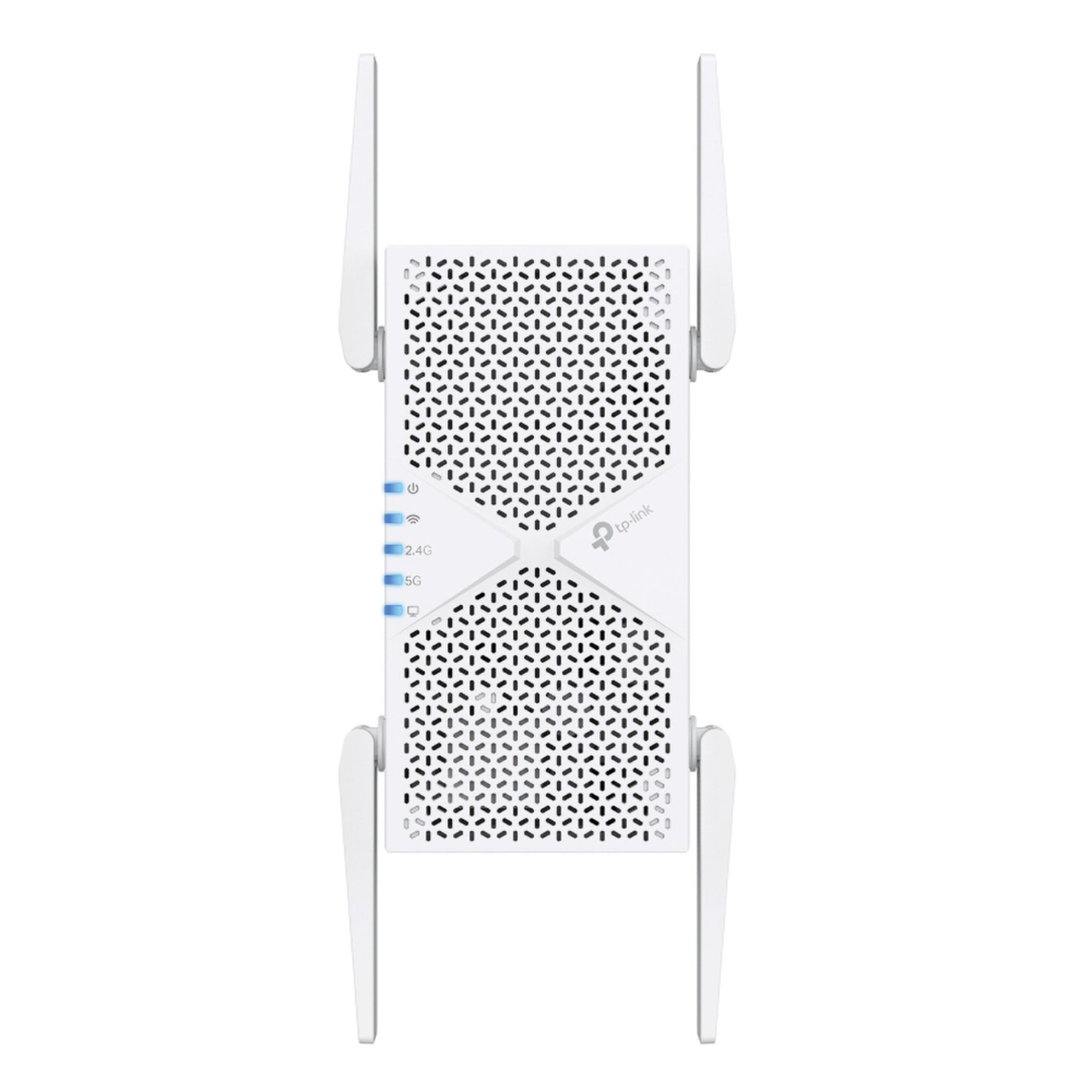 TP-Link RE405BE Wi-Fi 7 repeater BE6500 hvid, fire antenner, mesh ventilation, blå LED for strøm, Wi-Fi, 2.4G, 5G, ethernet.