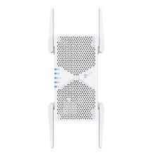 TP-Link RE405BE Wi-Fi 7 repeater BE6500 hvid, fire antenner, mesh ventilation, blå LED for strøm, Wi-Fi, 2.4G, 5G, ethernet.