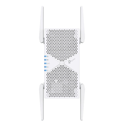 TP-Link RE405BE Wi-Fi 7 repeater BE6500 hvid, fire antenner, mesh ventilation, blå LED for strøm, Wi-Fi, 2.4G, 5G, ethernet.