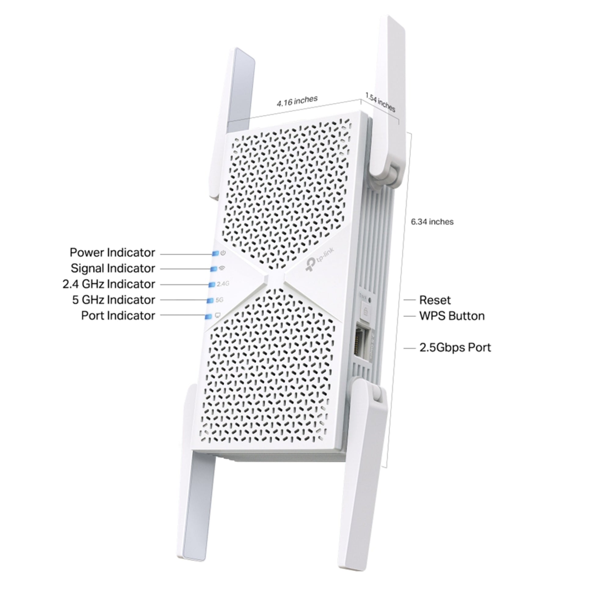 TP-Link Wi-Fi 7-repeater RE405BE BE6500 med fire antenner, status-LED, WPS/reset-knapper og 5 Gbps Ethernet-port.
