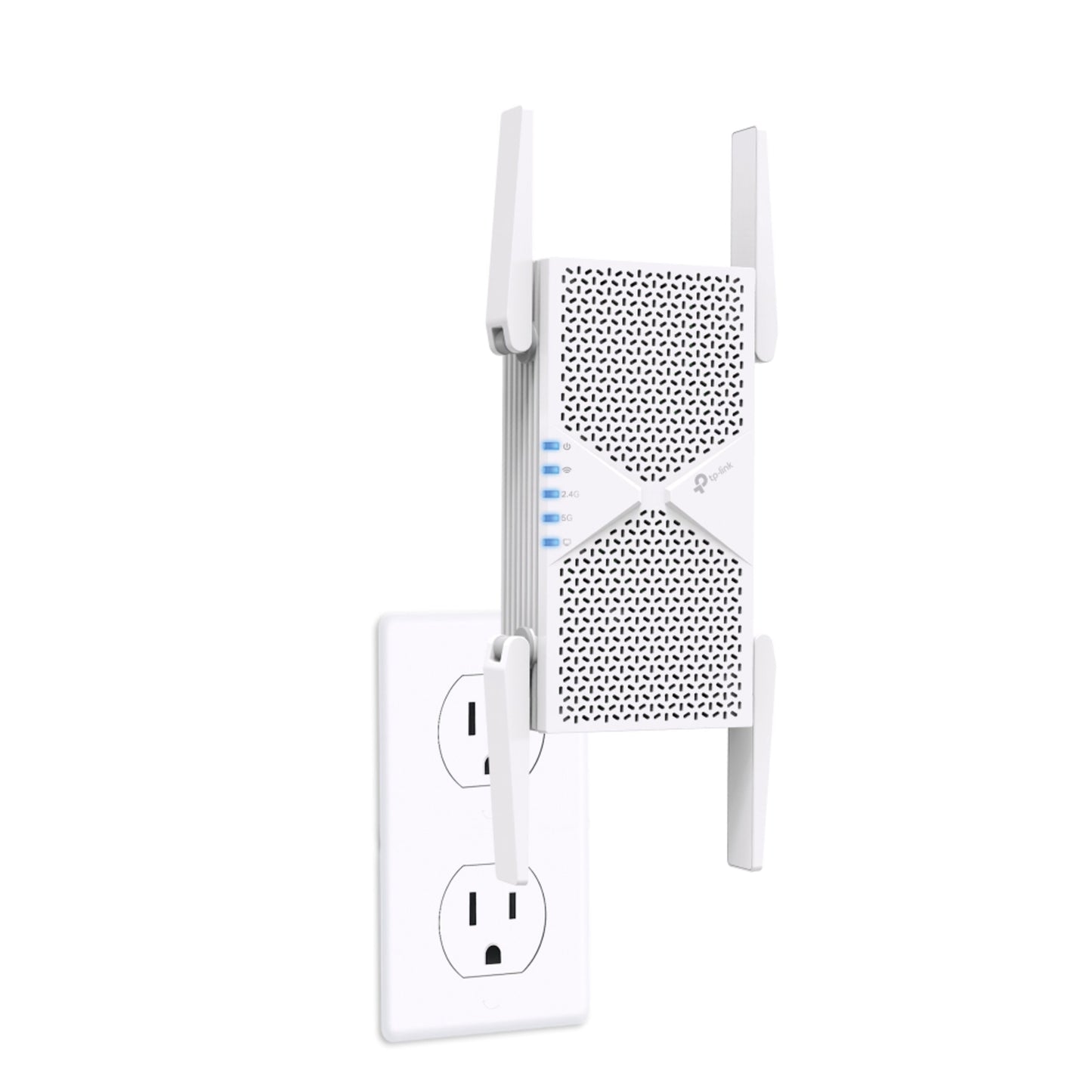 TP-Link RE405BE Wi-Fi 7-repeater BE6500 med fire antenner og blå LED-indikatorer i stikkontakt.