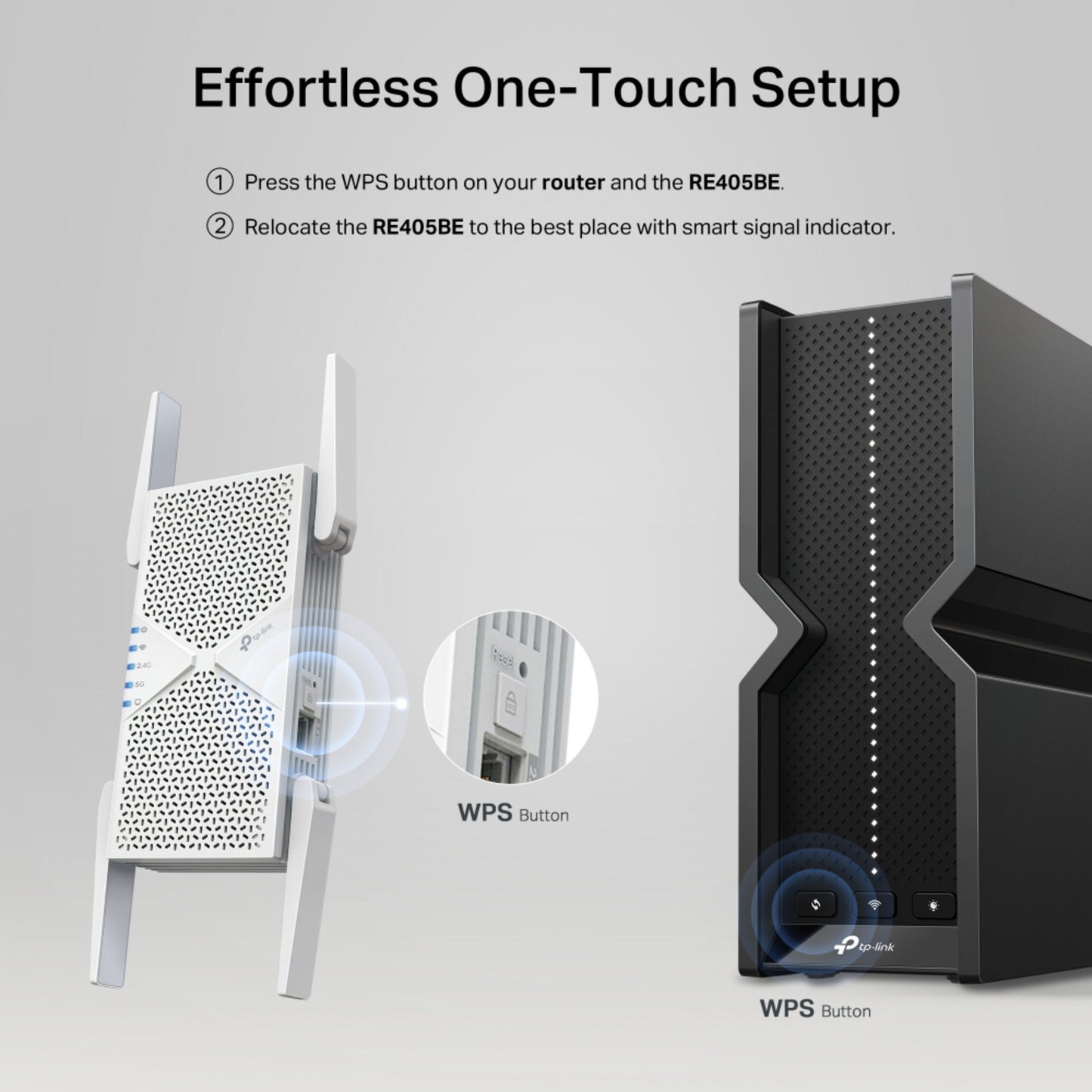 TP-Link RE405BE Wi-Fi 7 repeater BE6500 ved siden af router, WPS-knap, tydelig vejledning, 2,5 Gbps Ethernet-port.