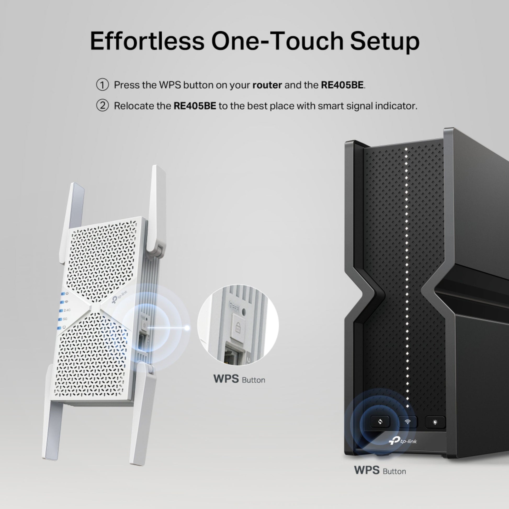 TP-Link RE405BE Wi-Fi 7 repeater BE6500 ved siden af router, WPS-knap, tydelig vejledning, 2,5 Gbps Ethernet-port.