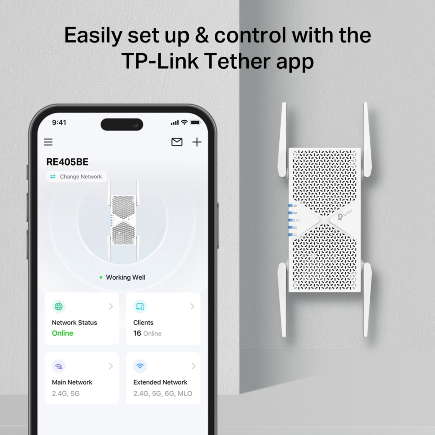 TP-Link RE405BE Wi-Fi 7-repeater BE6500 ved siden af smartphone med Tether-app og 5 Gbps Ethernet-port info.