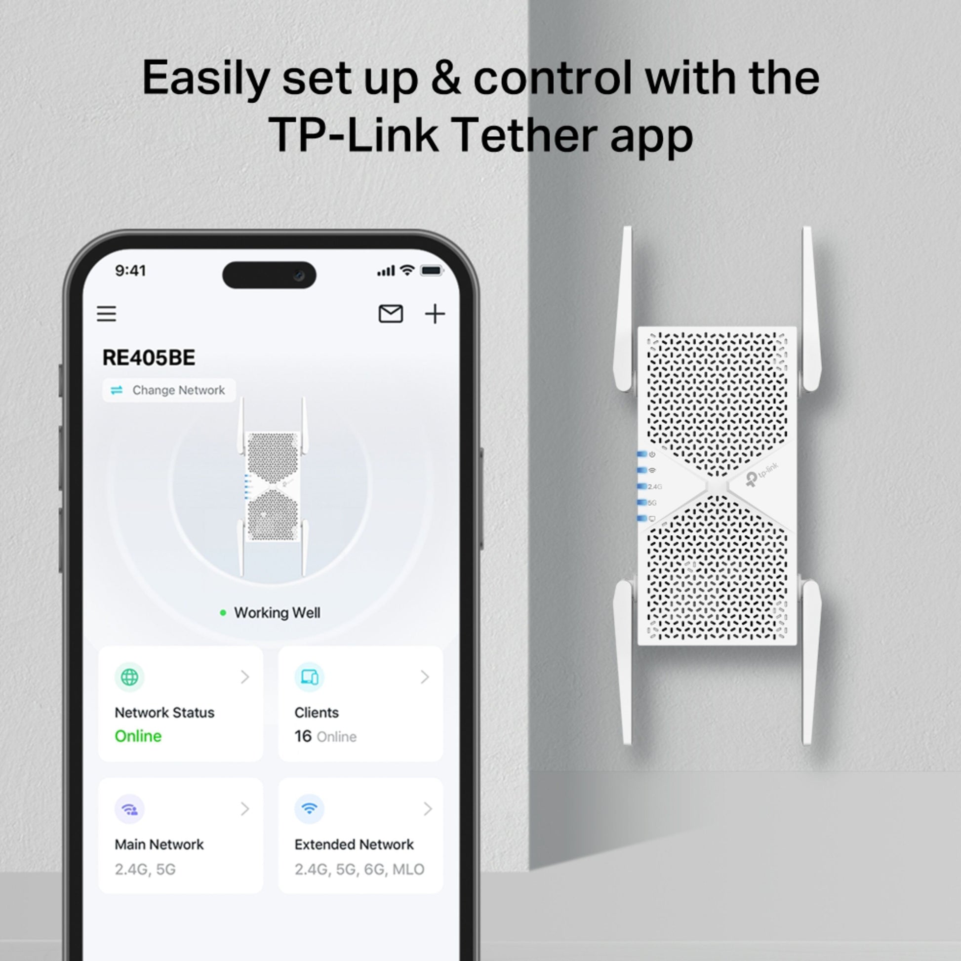 TP-Link RE405BE Wi-Fi 7-repeater BE6500 ved siden af smartphone med Tether-app og 5 Gbps Ethernet-port info.