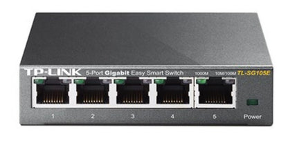 TP-Link SG105E netværksswitch med 5 porte mærket 1-5, LED-indikatorer over hver port og strømindikator til højre.
