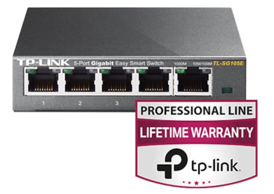 TP-Link SG105E snooping-switch 5 porte, Professional Line-label, Livstidsgaranti, model TL-SG105E vises.