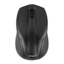 Plexgear L44 Stille trådløs lydløs computermus sort set oppefra med scrollhjul og Plexgear-logo nær bunden.