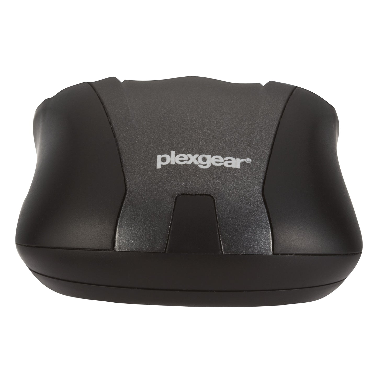 Plexgear L44 Stille trådløs lydløs computermus sort, frontvisning med hvidt Plexgear-logo øverst.