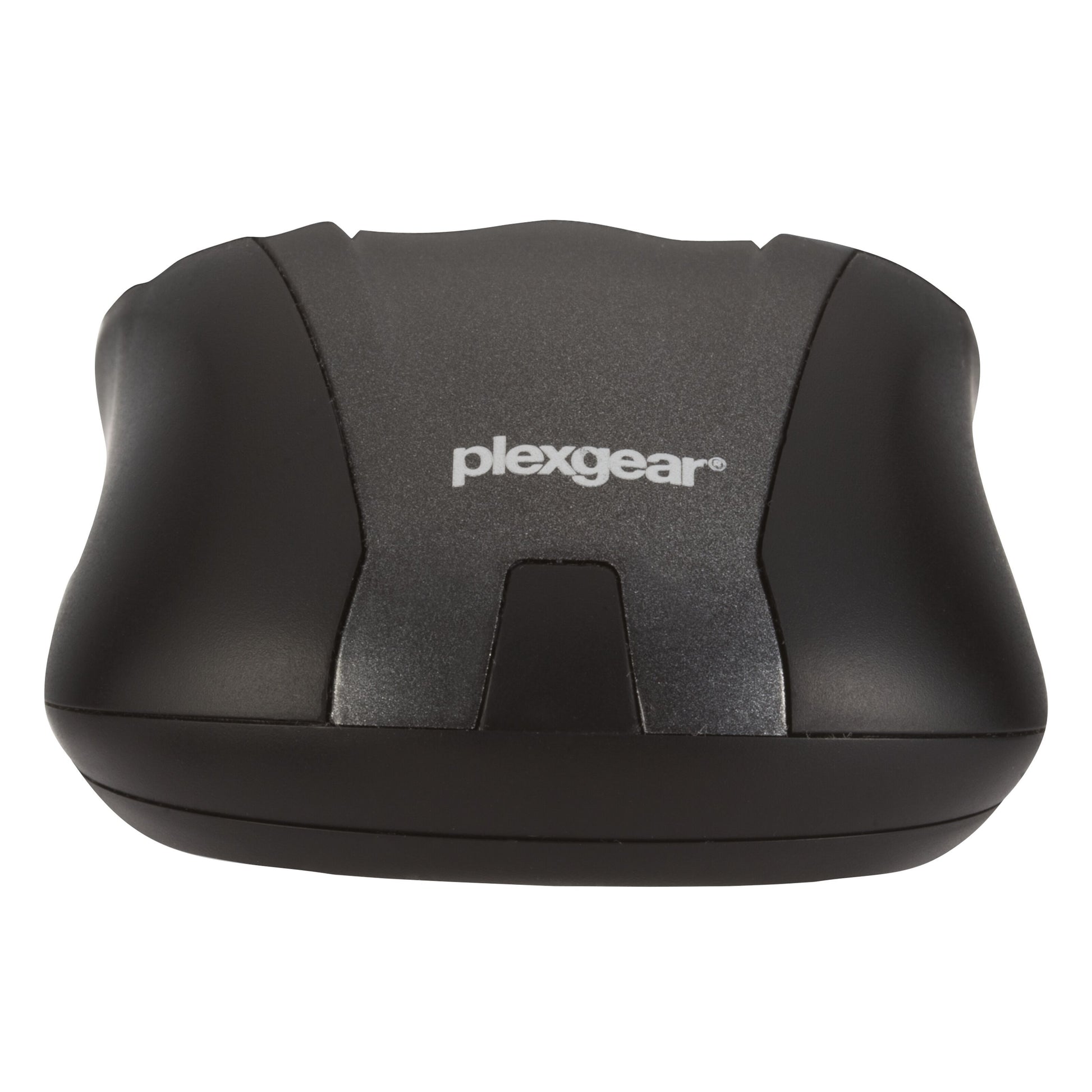 Plexgear L44 Stille trådløs lydløs computermus sort, frontvisning med hvidt Plexgear-logo øverst.