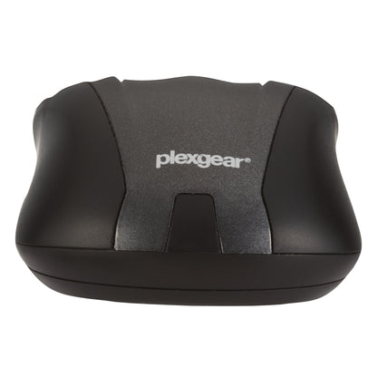 Plexgear L44 Stille trådløs lydløs computermus sort, frontvisning med hvidt Plexgear-logo øverst.