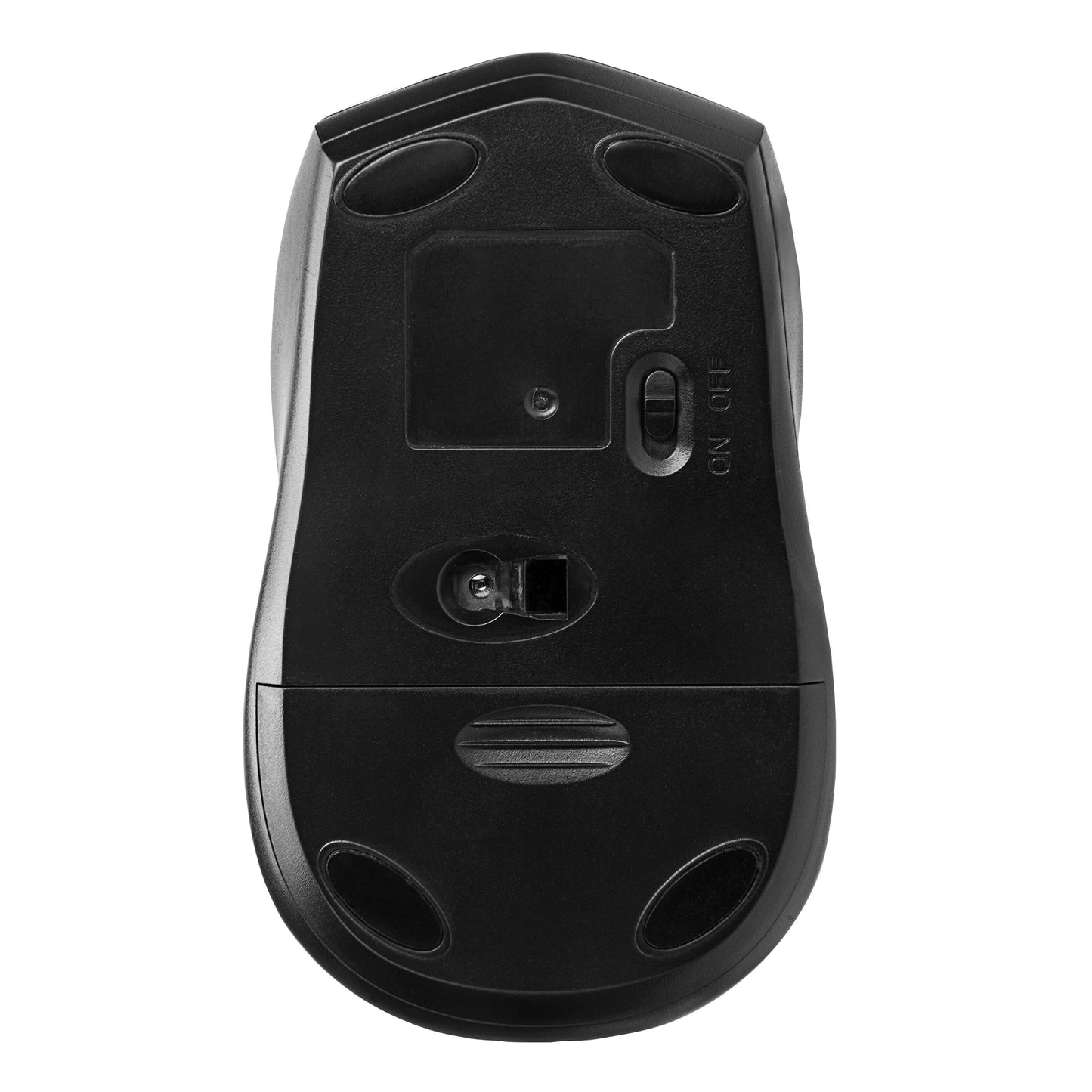 Plexgear L44 Stille sort trådløs mus underside med tænd/sluk-knap, batterirum, optisk sensor og gummipuder.