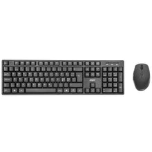 Plexgear Trådløst kontorsæt MK108 sort tastatur med hvide taster og trådløs sort mus.
