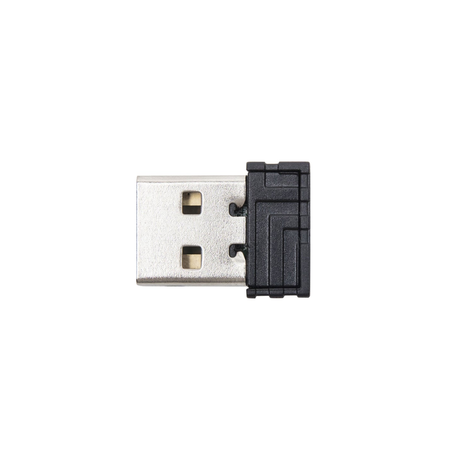 Plexgear trådløst kontorskits MK108 USB-dongle med metalstik og kompakt sort kabinet.