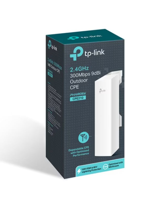 TP-Link CPE210 udendørs access point til mast med lynbeskyttelse og trådløs bygning-til-bygning forbindelse.