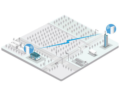 TP-Link CPE210 udendørs access point til mast, illustreret med blå linjer for trådløs forbindelse mellem bygninger.