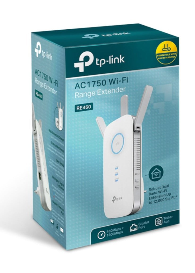 TP-Link RE450 WiFi-repeater AC1750 blå æske, dual-band, 1300Mbps, gigabit port, op til 12.000 sq. ft. dækning.