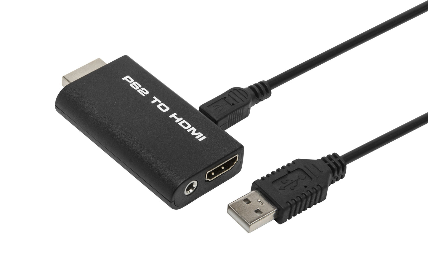 Luxorparts HDMI-adapter til PlayStation 2, sort, HDMI-udgang, 3,5 mm-stik, USB-strømkabel.